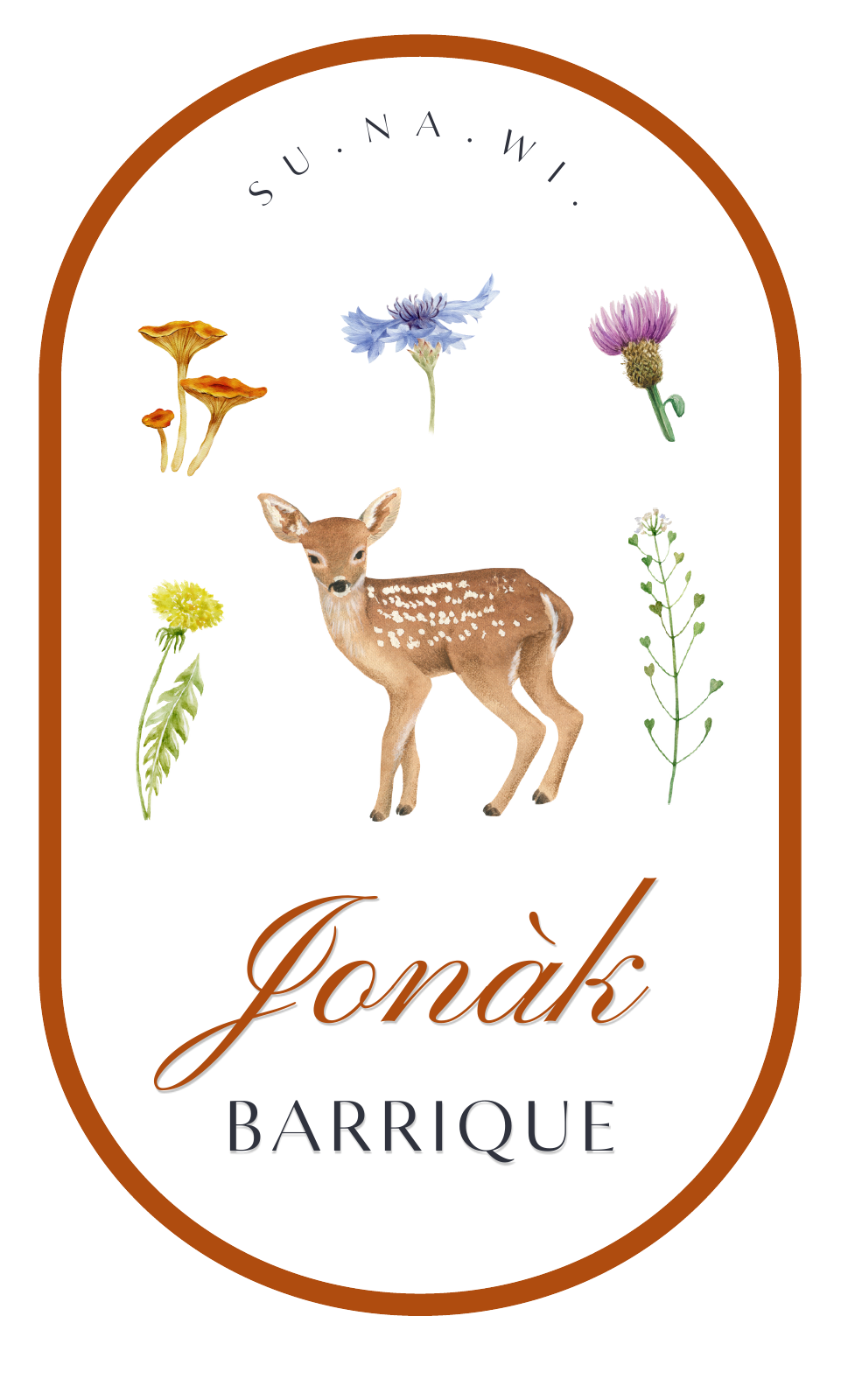 ฉลากต้นฉบับ Jonàk Barrique มีภาพกวางโร ดอกไม้ และเห็ด พร้อมขอบสีดินเผา